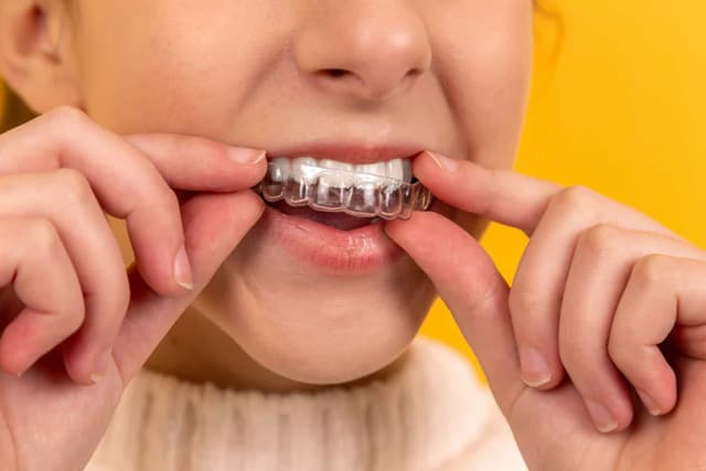 Femme portant une gouttière aligneur invisible — orthodontie adulte Agen